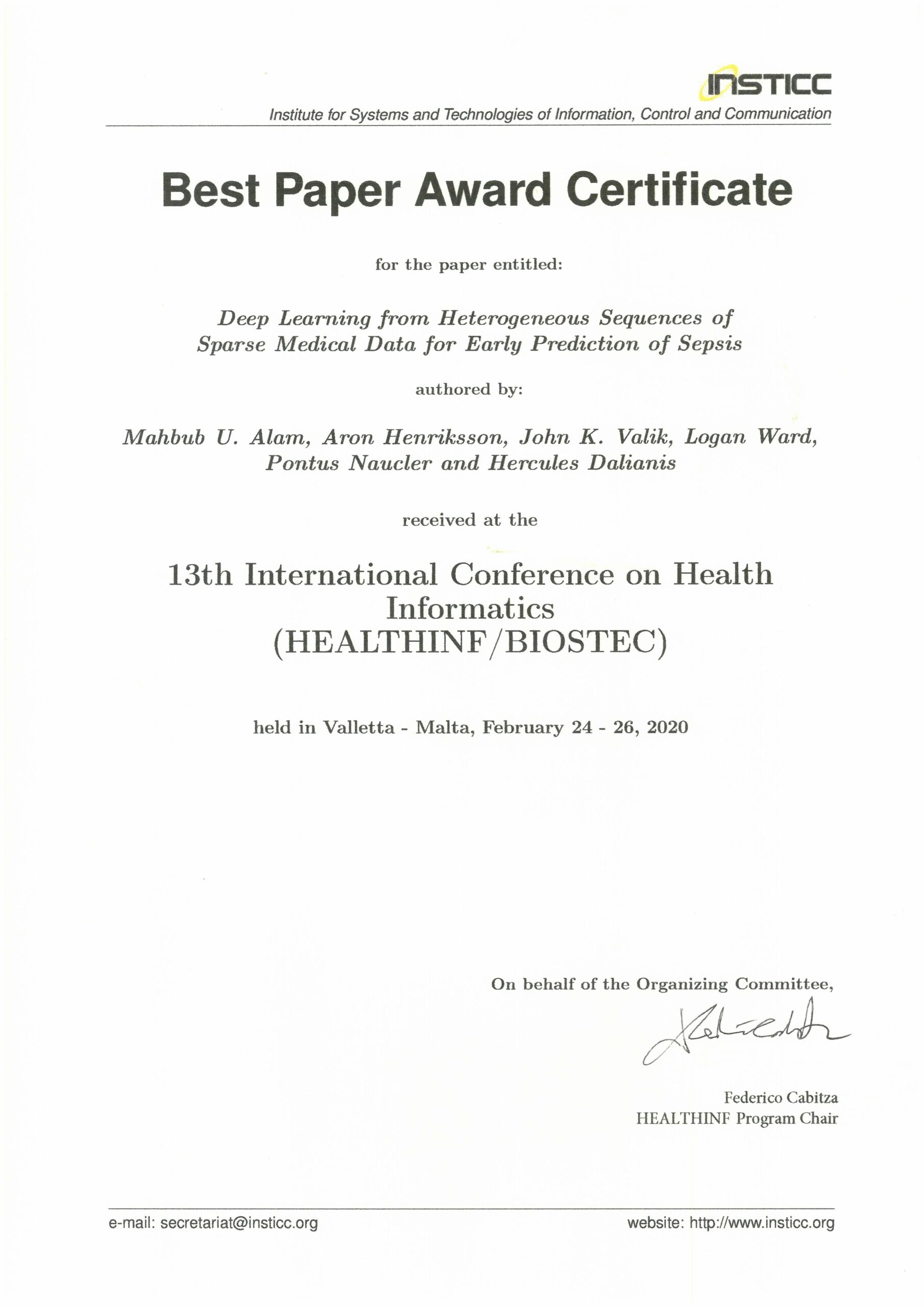 Best Paper Award Certificate